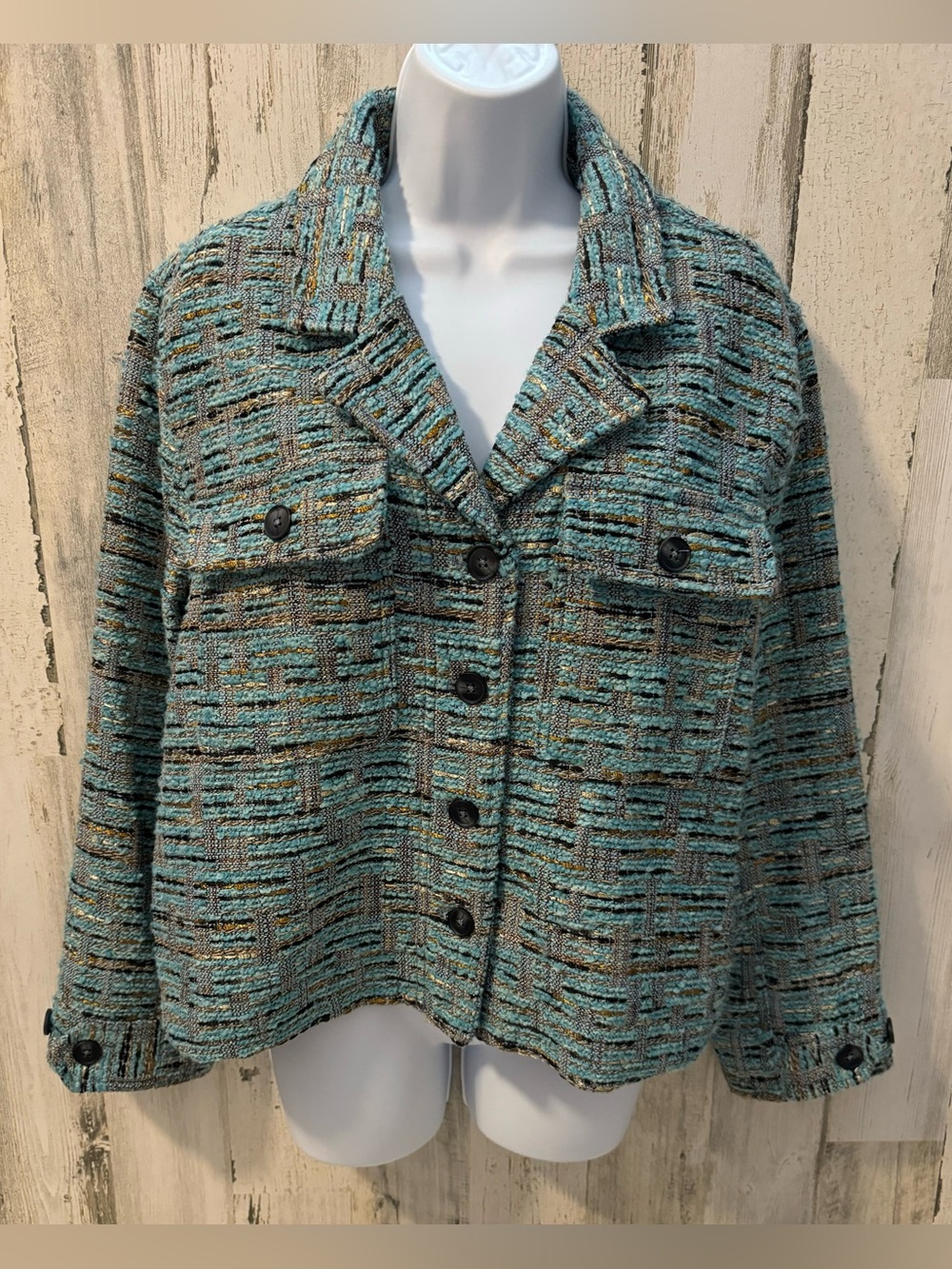 Liverpool Bouclé Metallic Gold Blue Brown Pockets Button Oversized Chic Jacket M